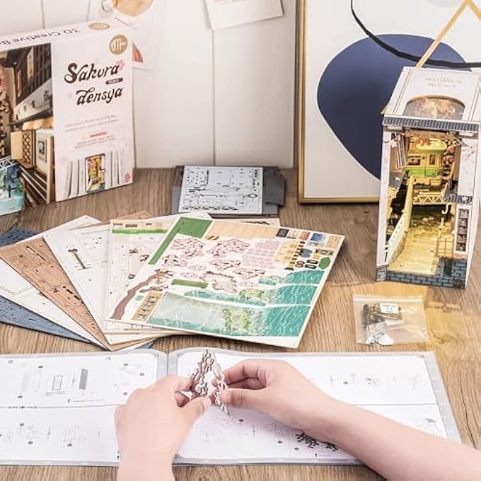 BOOK NOOK KIT, DIY BOOKNOOK BOOKEND MODEL KIT MADE OF WOOD - MINIATURE HOUSE KIT, JAPAN ART WITH LIGHT, 3D WOODEN PUZZLE MINIATURE CRAFT SET - SAKURA DENSYA - Image 4